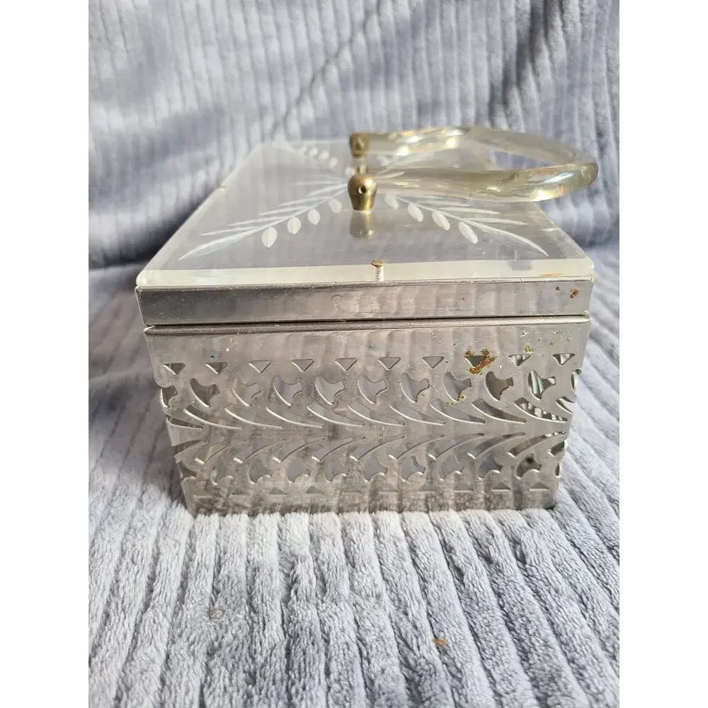 Vintage 1950s MCM clear etched floral Lucite & silver filigree chrome box purse